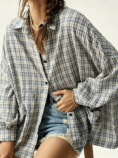 Women's Blue Plaid Oversized Long Sleeve Shirt, Casual Loose Fit Blouse with Pouch Pocket