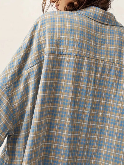 Women's Blue Plaid Oversized Long Sleeve Shirt, Casual Loose Fit Blouse with Pouch Pocket