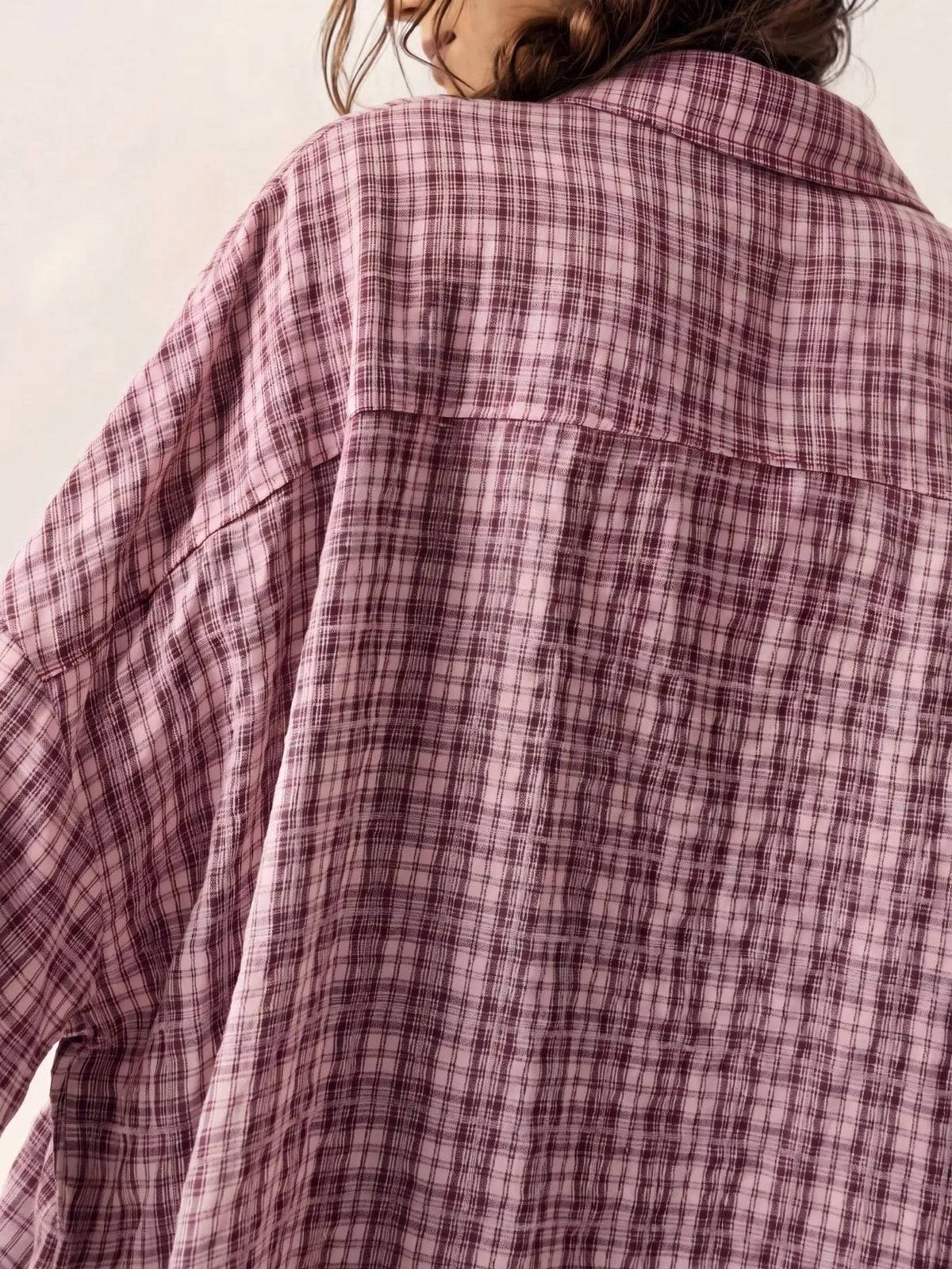 Women's Blue Plaid Oversized Long Sleeve Shirt, Casual Loose Fit Blouse with Pouch Pocket