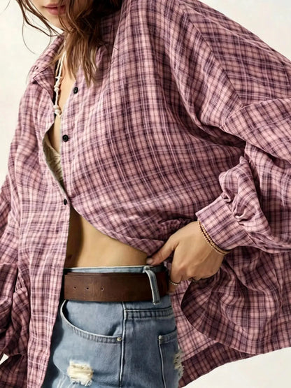 Women's Blue Plaid Oversized Long Sleeve Shirt, Casual Loose Fit Blouse with Pouch Pocket