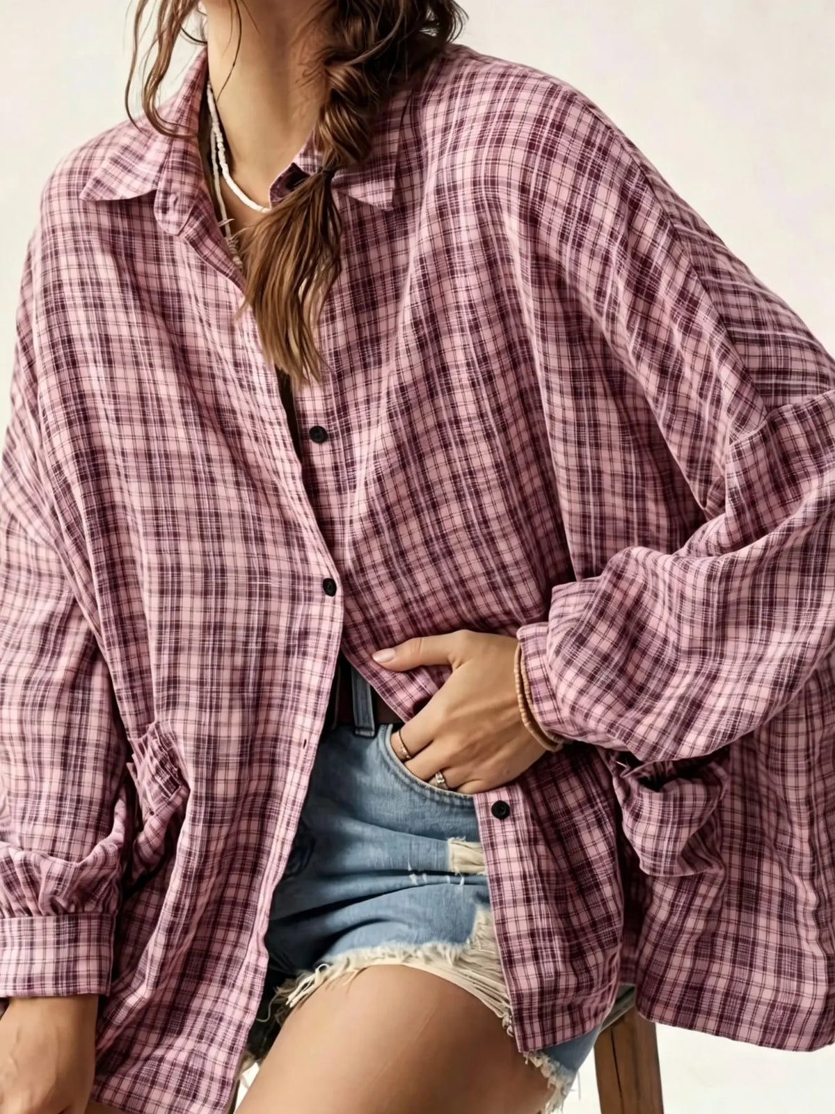 Women's Blue Plaid Oversized Long Sleeve Shirt, Casual Loose Fit Blouse with Pouch Pocket