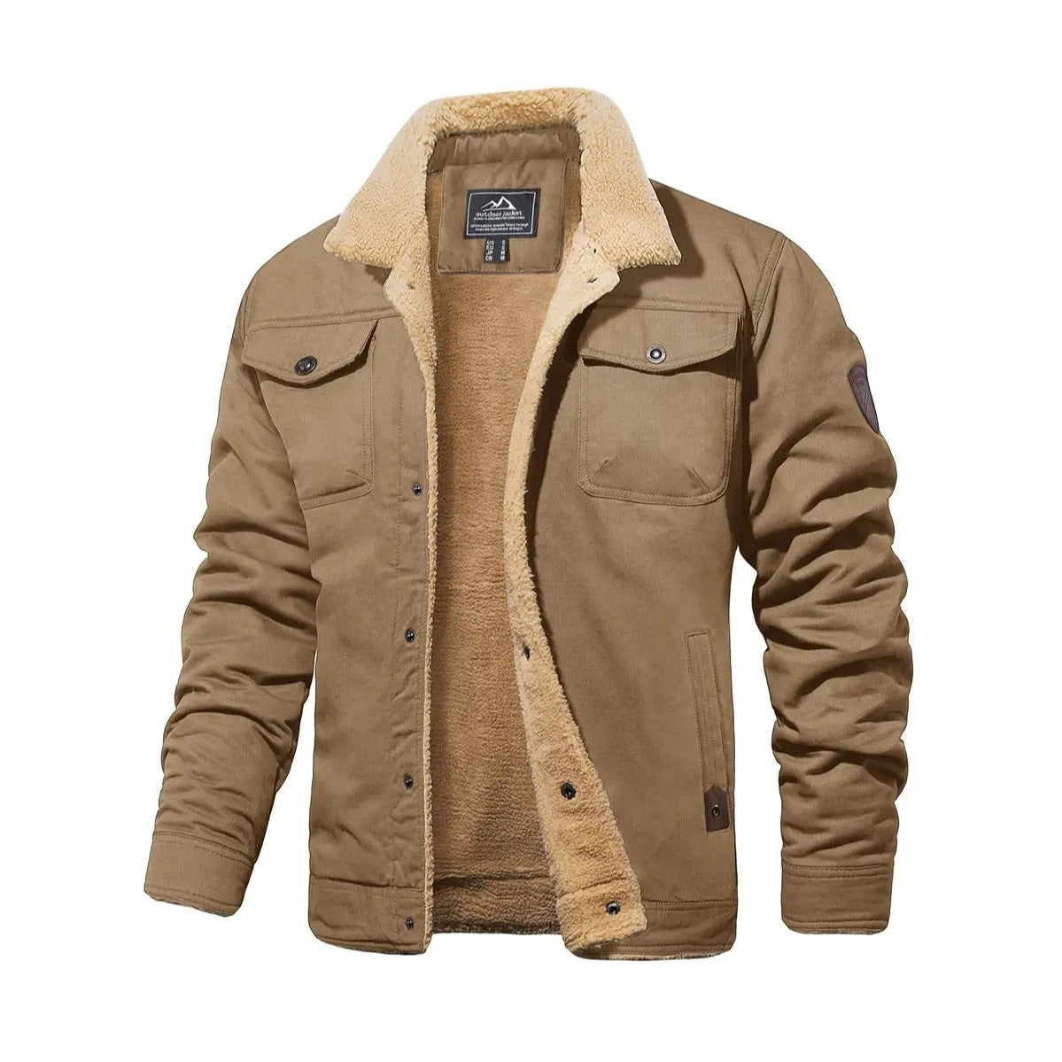 Men's Sherpa Lined Trucker Cargo Jacket, Warm Collared Multi‑Pocket Fleece Cotton Winter Coat