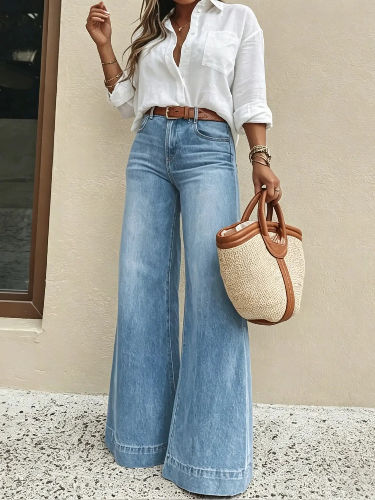 Women's High Waist Elastic Jeans, Casual Loose Fit Plain Unlined Denim Pants, Slimming Comfort Versatile All-Season Daily Trousers