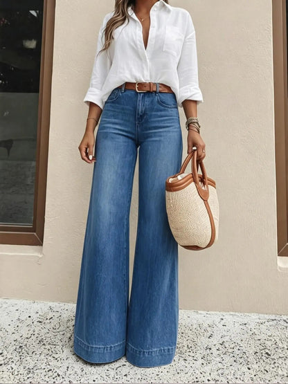 Women's High Waist Elastic Jeans, Casual Loose Fit Plain Unlined Denim Pants, Slimming Comfort Versatile All-Season Daily Trousers