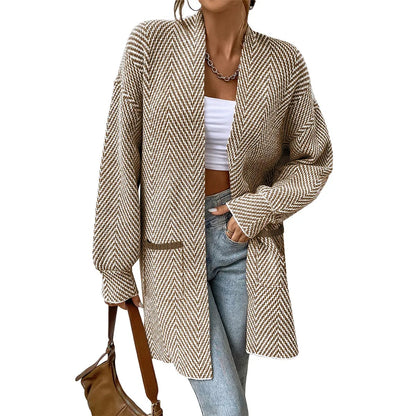 Women's Open Front Herringbone Colorblock Cardigan Sweater, Soft Chunky Knit Oversized Sweater Coat with Pockets
