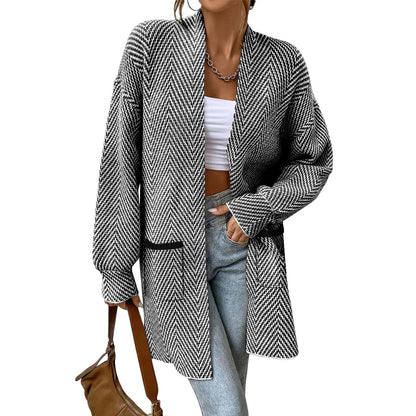 Women's Open Front Herringbone Colorblock Cardigan Sweater, Soft Chunky Knit Oversized Sweater Coat with Pockets
