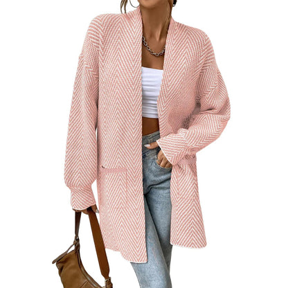 Women's Open Front Herringbone Colorblock Cardigan Sweater, Soft Chunky Knit Oversized Sweater Coat with Pockets