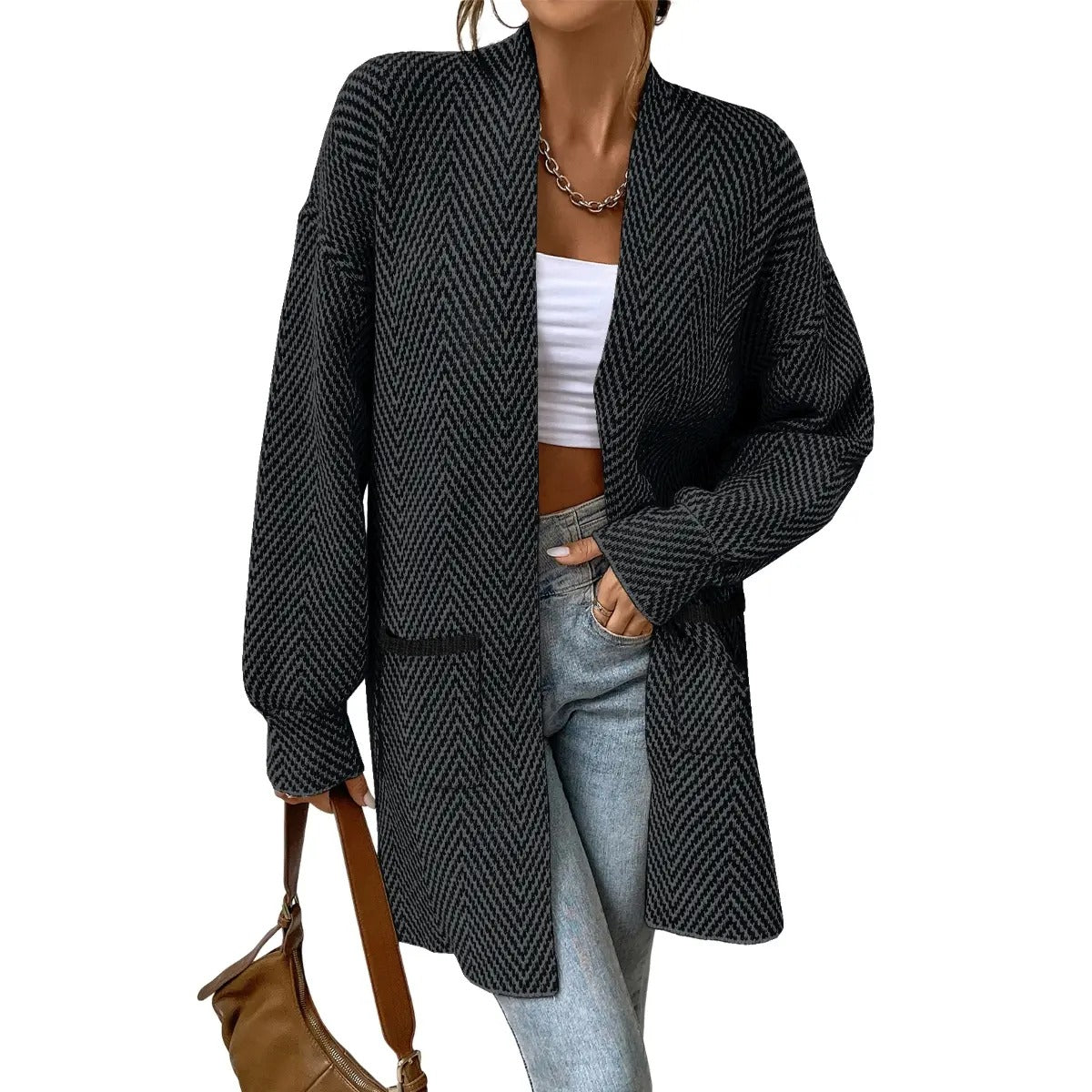 Women's Open Front Herringbone Colorblock Cardigan Sweater, Soft Chunky Knit Oversized Sweater Coat with Pockets