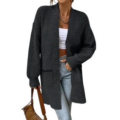 Women's Open Front Herringbone Colorblock Cardigan Sweater, Soft Chunky Knit Oversized Sweater Coat with Pockets