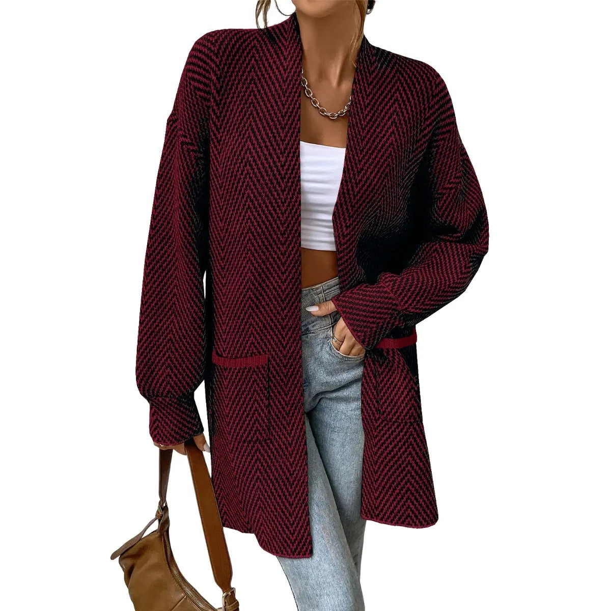 Women's Open Front Herringbone Colorblock Cardigan Sweater, Soft Chunky Knit Oversized Sweater Coat with Pockets
