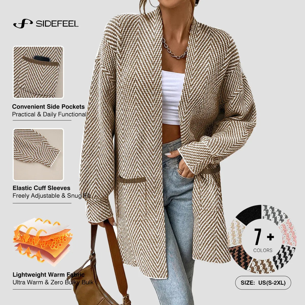 Women's Open Front Herringbone Colorblock Cardigan Sweater, Soft Chunky Knit Oversized Sweater Coat with Pockets