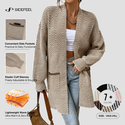 Women's Open Front Herringbone Colorblock Cardigan Sweater, Soft Chunky Knit Oversized Sweater Coat with Pockets