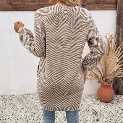 Women's Open Front Herringbone Colorblock Cardigan Sweater, Soft Chunky Knit Oversized Sweater Coat with Pockets