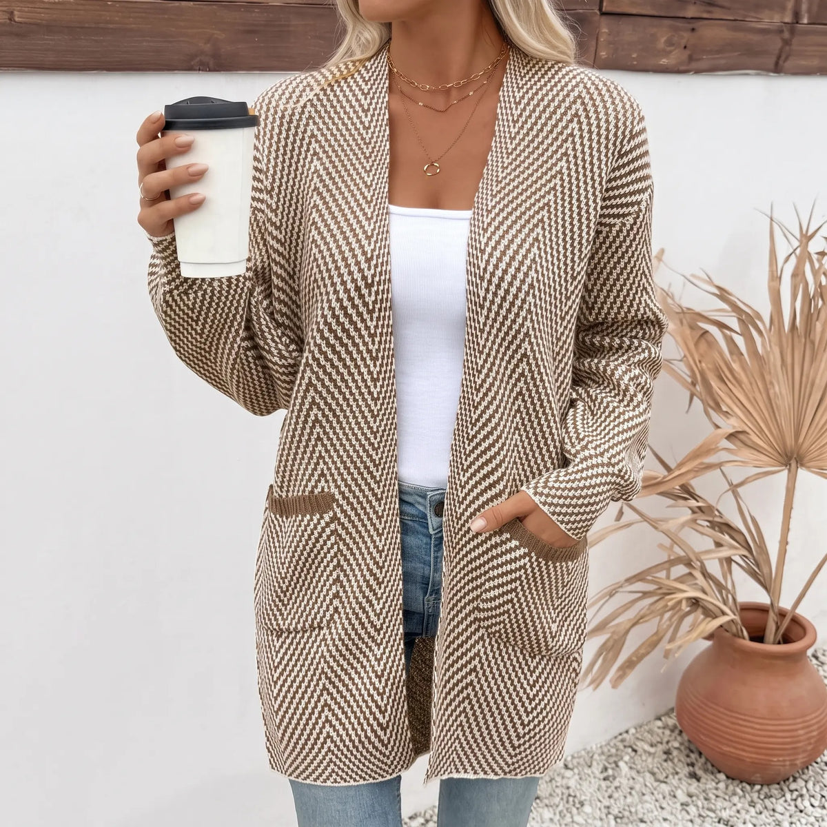 Women's Open Front Herringbone Colorblock Cardigan Sweater, Soft Chunky Knit Oversized Sweater Coat with Pockets
