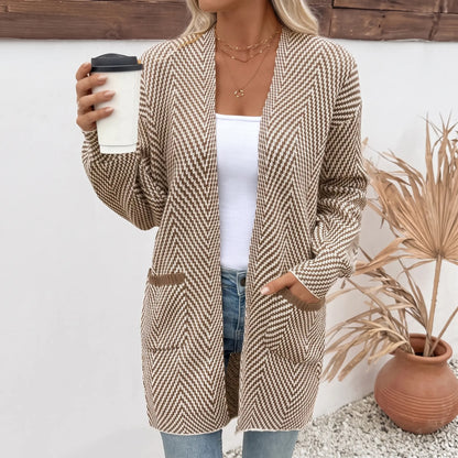 Women's Open Front Herringbone Colorblock Cardigan Sweater, Soft Chunky Knit Oversized Sweater Coat with Pockets