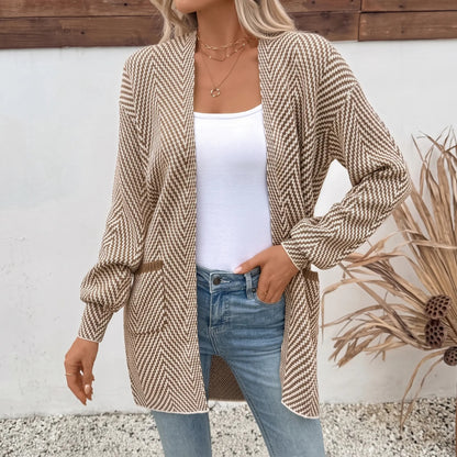 Women's Open Front Herringbone Colorblock Cardigan Sweater, Soft Chunky Knit Oversized Sweater Coat with Pockets