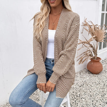 Women's Open Front Herringbone Colorblock Cardigan Sweater, Soft Chunky Knit Oversized Sweater Coat with Pockets