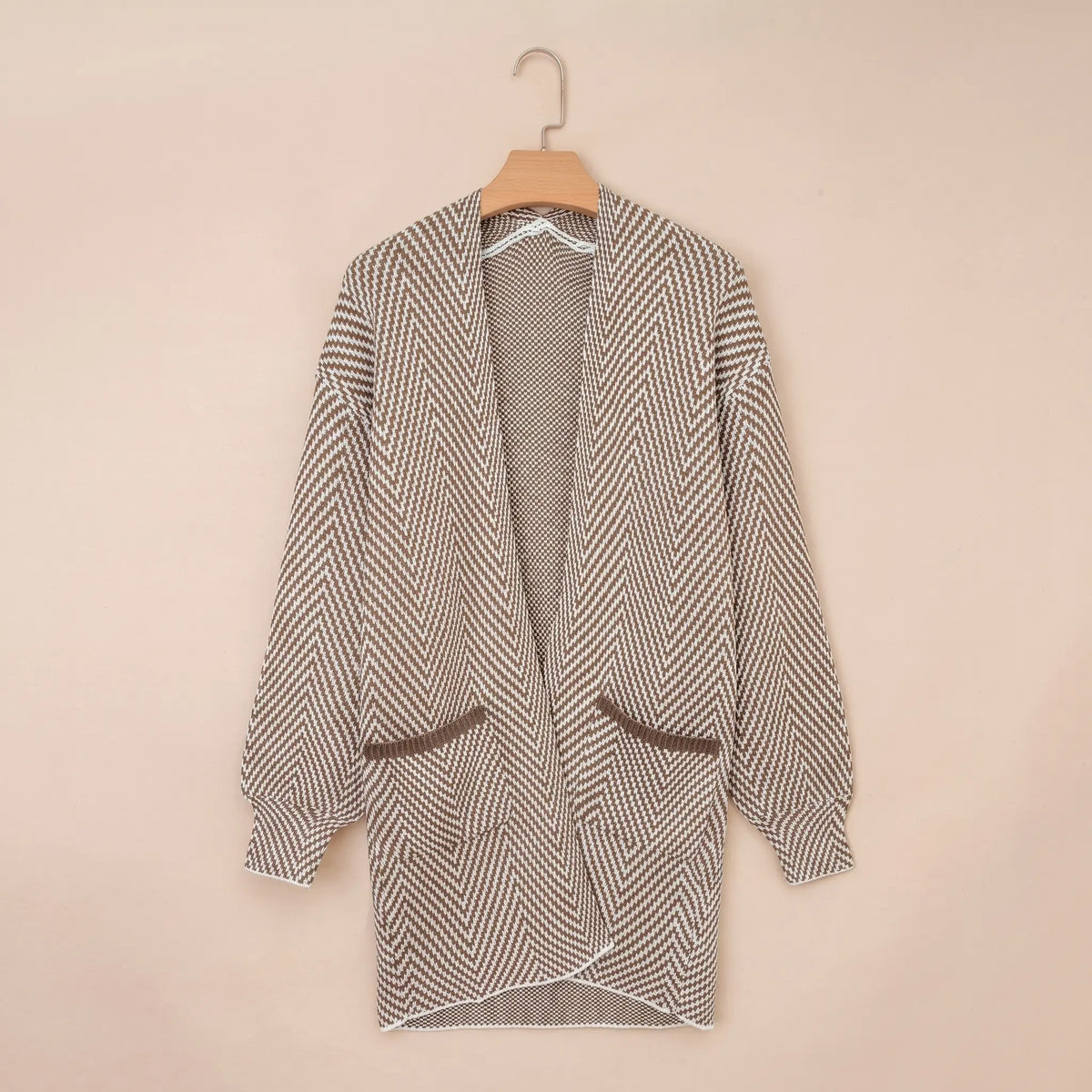 Women's Open Front Herringbone Colorblock Cardigan Sweater, Soft Chunky Knit Oversized Sweater Coat with Pockets