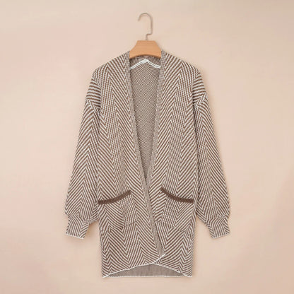 Women's Open Front Herringbone Colorblock Cardigan Sweater, Soft Chunky Knit Oversized Sweater Coat with Pockets