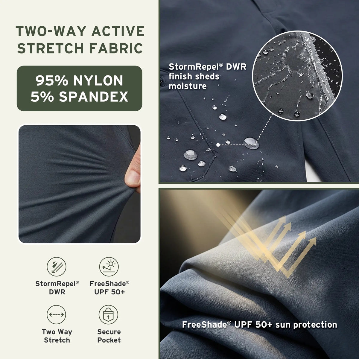 Men's Outdoor Hiking Pants, Water Repellent 2-Way Stretch Trousers with UPF 50+ Sun Protection, Lightweight Camping Travel Casual Pants