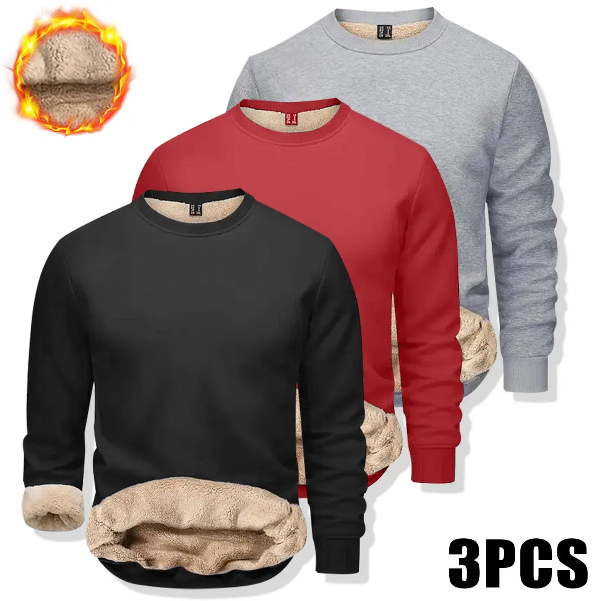 Men's Fitted Crewneck Fleece Lined Sweatshirt, Wind Resistant Polyester Athletic Pullover, Casual Fashion Active Tops