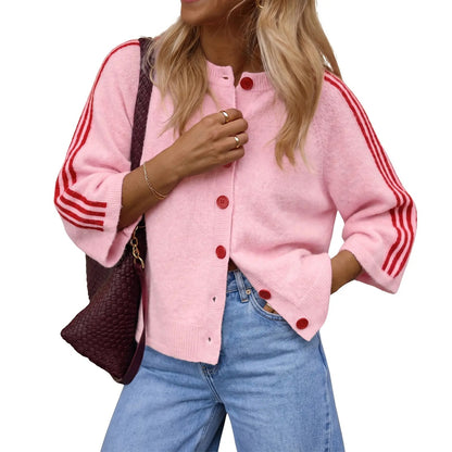 Women's Striped 3/4 Sleeve Cropped Knit Cardigan, Crew Neck Button Down Y2K Fall Casual Lightweight Sweater Jacke