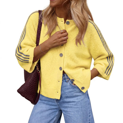 Women's Striped 3/4 Sleeve Cropped Knit Cardigan, Crew Neck Button Down Y2K Fall Casual Lightweight Sweater Jacke