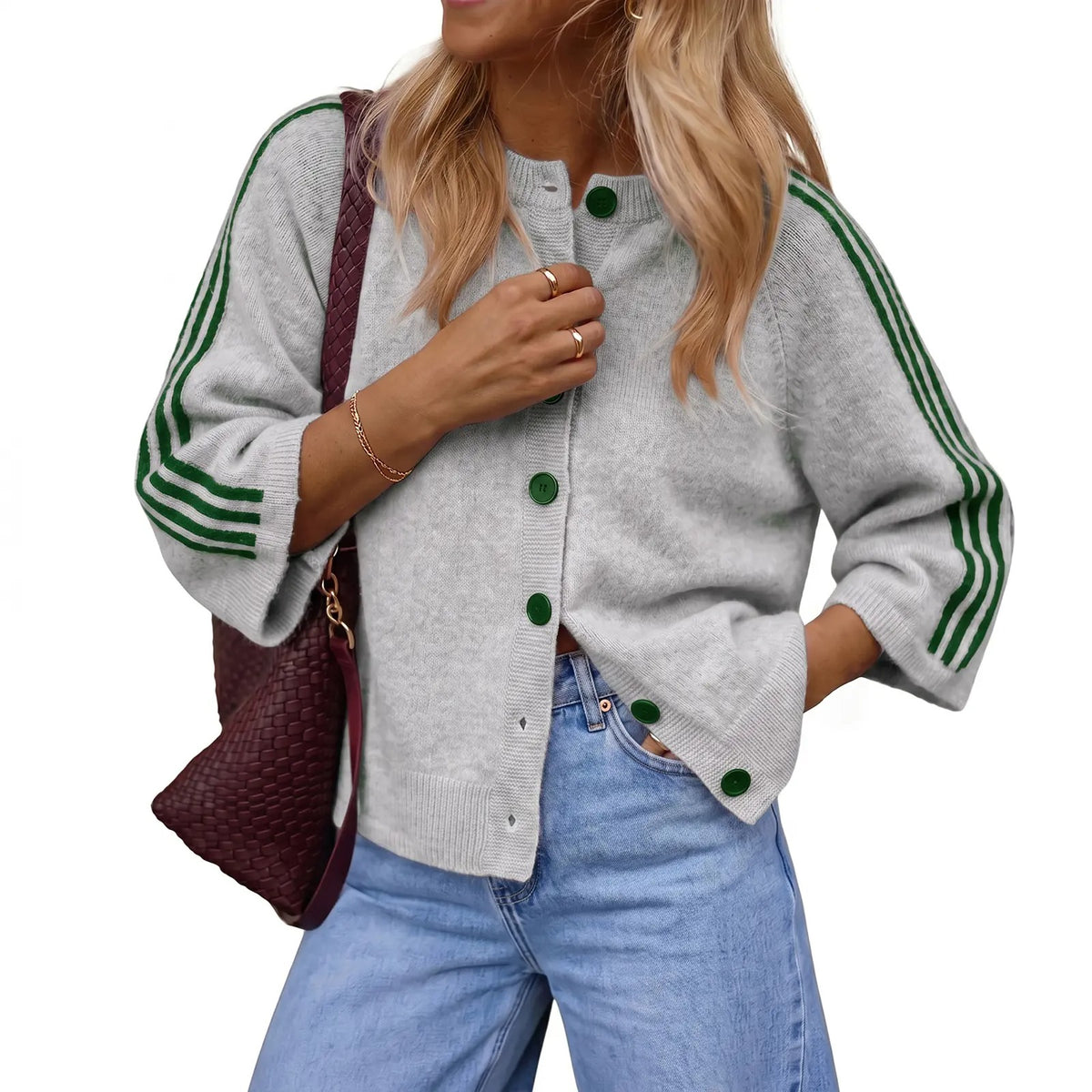 Women's Striped 3/4 Sleeve Cropped Knit Cardigan, Crew Neck Button Down Y2K Fall Casual Lightweight Sweater Jacke
