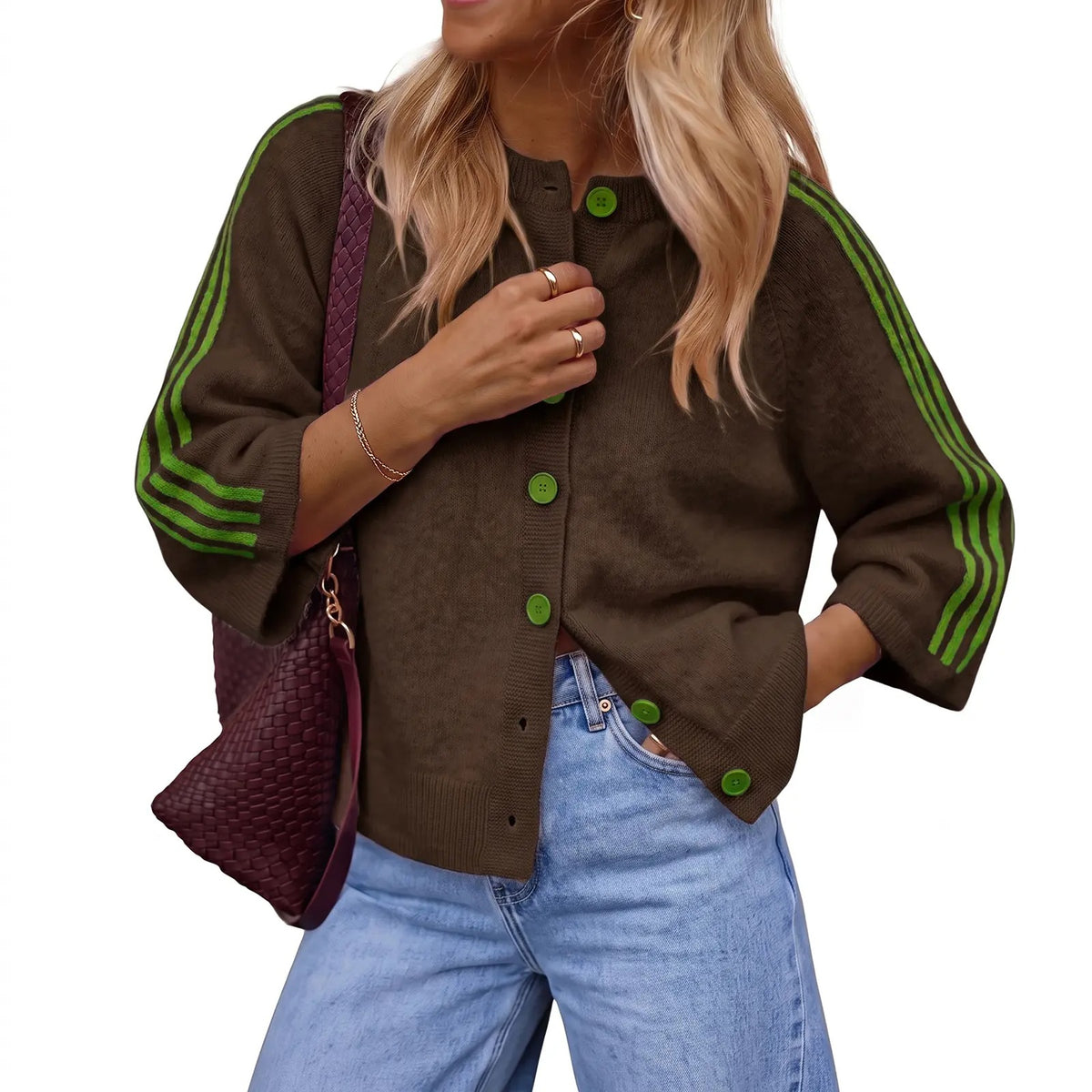 Women's Striped 3/4 Sleeve Cropped Knit Cardigan, Crew Neck Button Down Y2K Fall Casual Lightweight Sweater Jacke