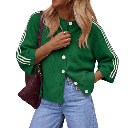 Women's Striped 3/4 Sleeve Cropped Knit Cardigan, Crew Neck Button Down Y2K Fall Casual Lightweight Sweater Jacke