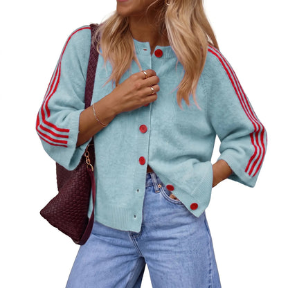 Women's Striped 3/4 Sleeve Cropped Knit Cardigan, Crew Neck Button Down Y2K Fall Casual Lightweight Sweater Jacke