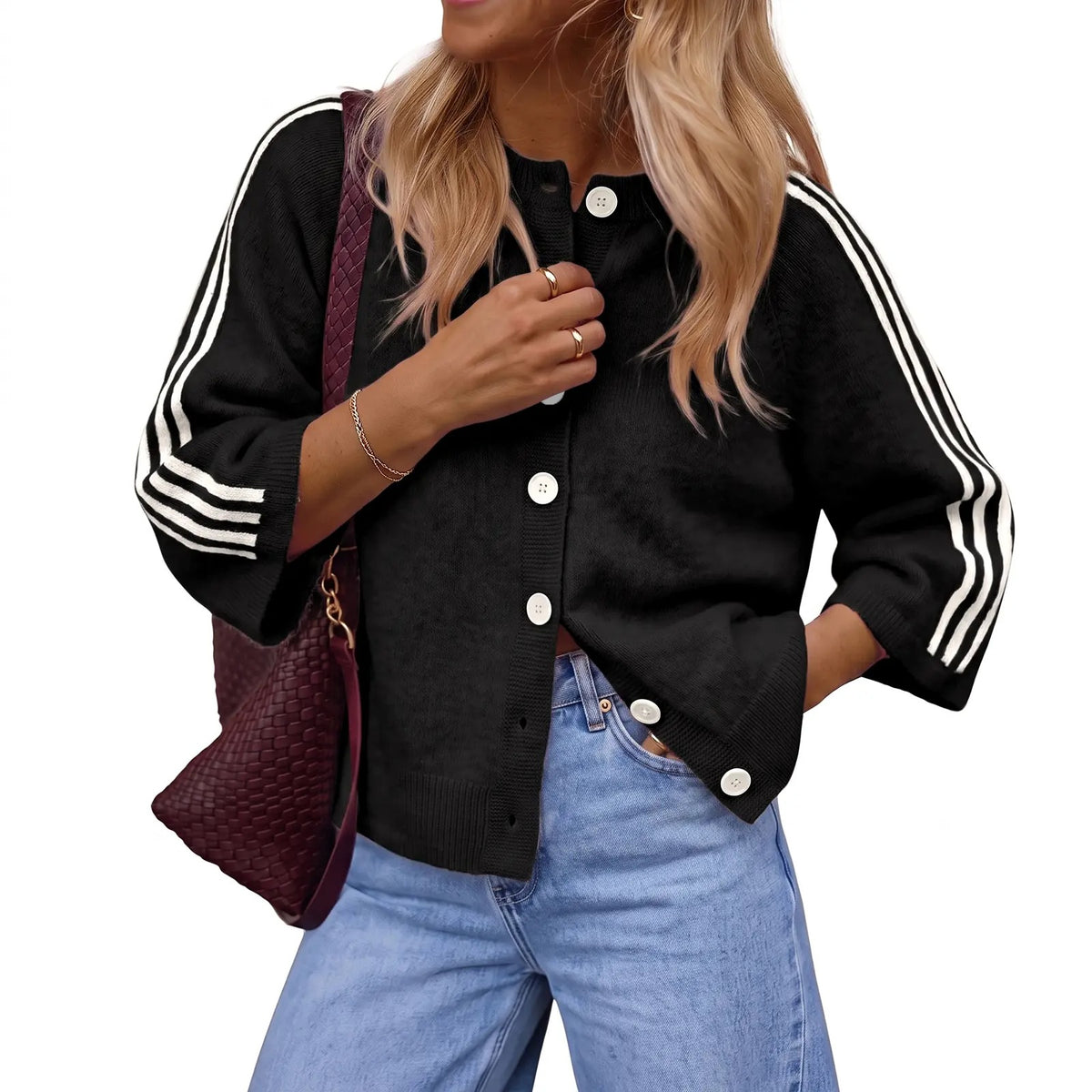 Women's Striped 3/4 Sleeve Cropped Knit Cardigan, Crew Neck Button Down Y2K Fall Casual Lightweight Sweater Jacke