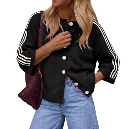 Women's Striped 3/4 Sleeve Cropped Knit Cardigan, Crew Neck Button Down Y2K Fall Casual Lightweight Sweater Jacke