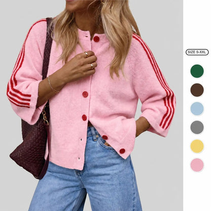 Women's Striped 3/4 Sleeve Cropped Knit Cardigan, Crew Neck Button Down Y2K Fall Casual Lightweight Sweater Jacke