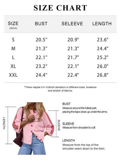 Women's Striped 3/4 Sleeve Cropped Knit Cardigan, Crew Neck Button Down Y2K Fall Casual Lightweight Sweater Jacke