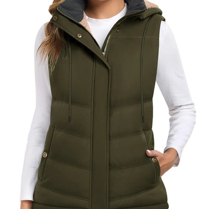 Women's Sherpa Fleece Lined Puffer Vest, Removable Hood Sleeveless Quilted Gilet, Lightweight Insulated Casual Winter Outerwear