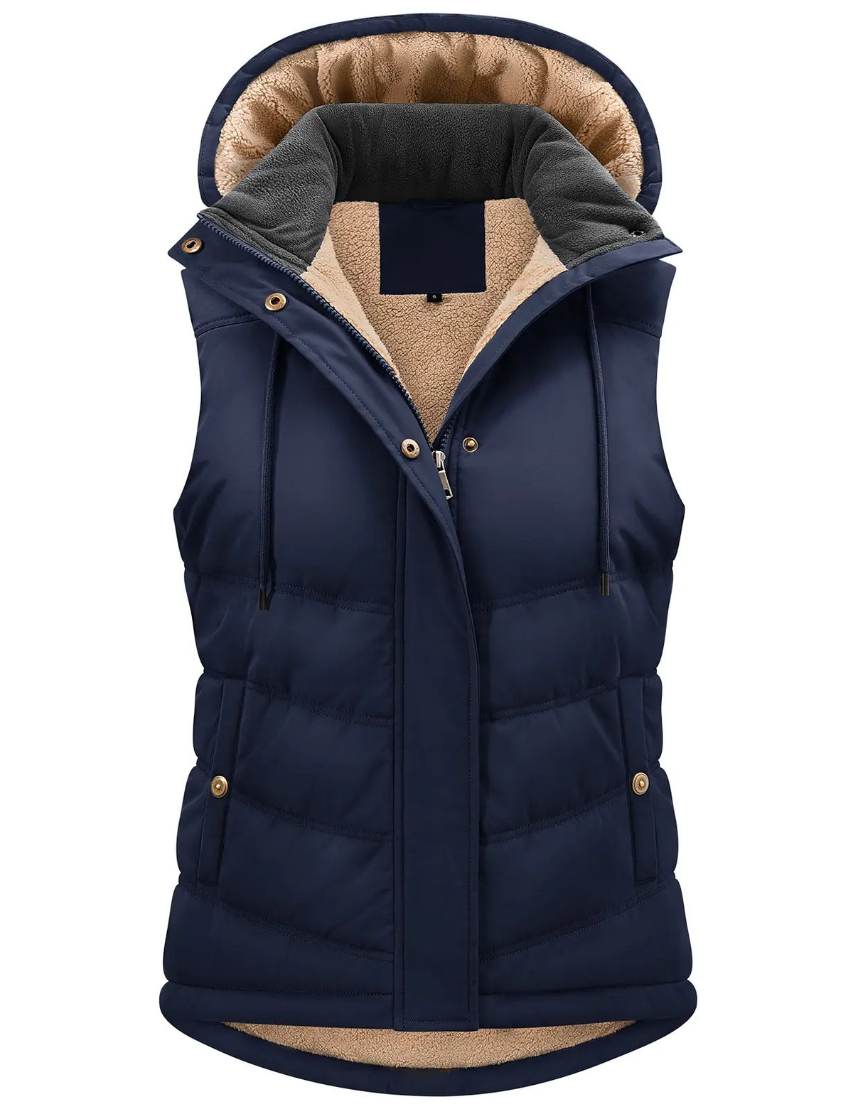 Women's Sherpa Fleece Lined Puffer Vest, Removable Hood Sleeveless Quilted Gilet, Lightweight Insulated Casual Winter Outerwear