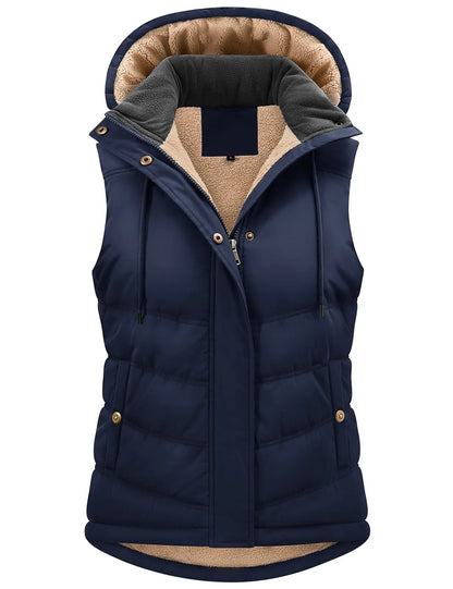 Women's Sherpa Fleece Lined Puffer Vest, Removable Hood Sleeveless Quilted Gilet, Lightweight Insulated Casual Winter Outerwear
