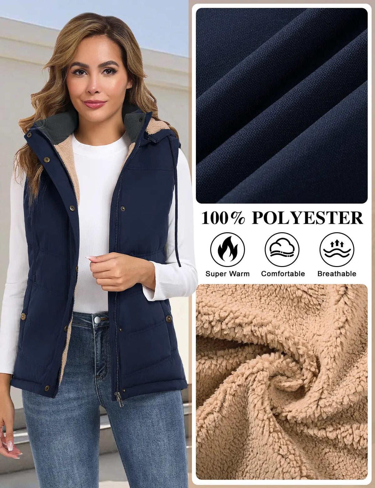 Women's Sherpa Fleece Lined Puffer Vest, Removable Hood Sleeveless Quilted Gilet, Lightweight Insulated Casual Winter Outerwear