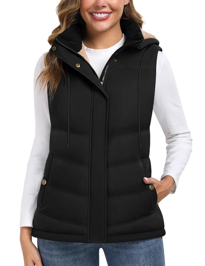 Women's Sherpa Fleece Lined Puffer Vest, Removable Hood Sleeveless Quilted Gilet, Lightweight Insulated Casual Winter Outerwear