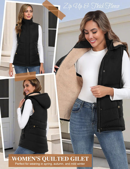 Women's Sherpa Fleece Lined Puffer Vest, Removable Hood Sleeveless Quilted Gilet, Lightweight Insulated Casual Winter Outerwear