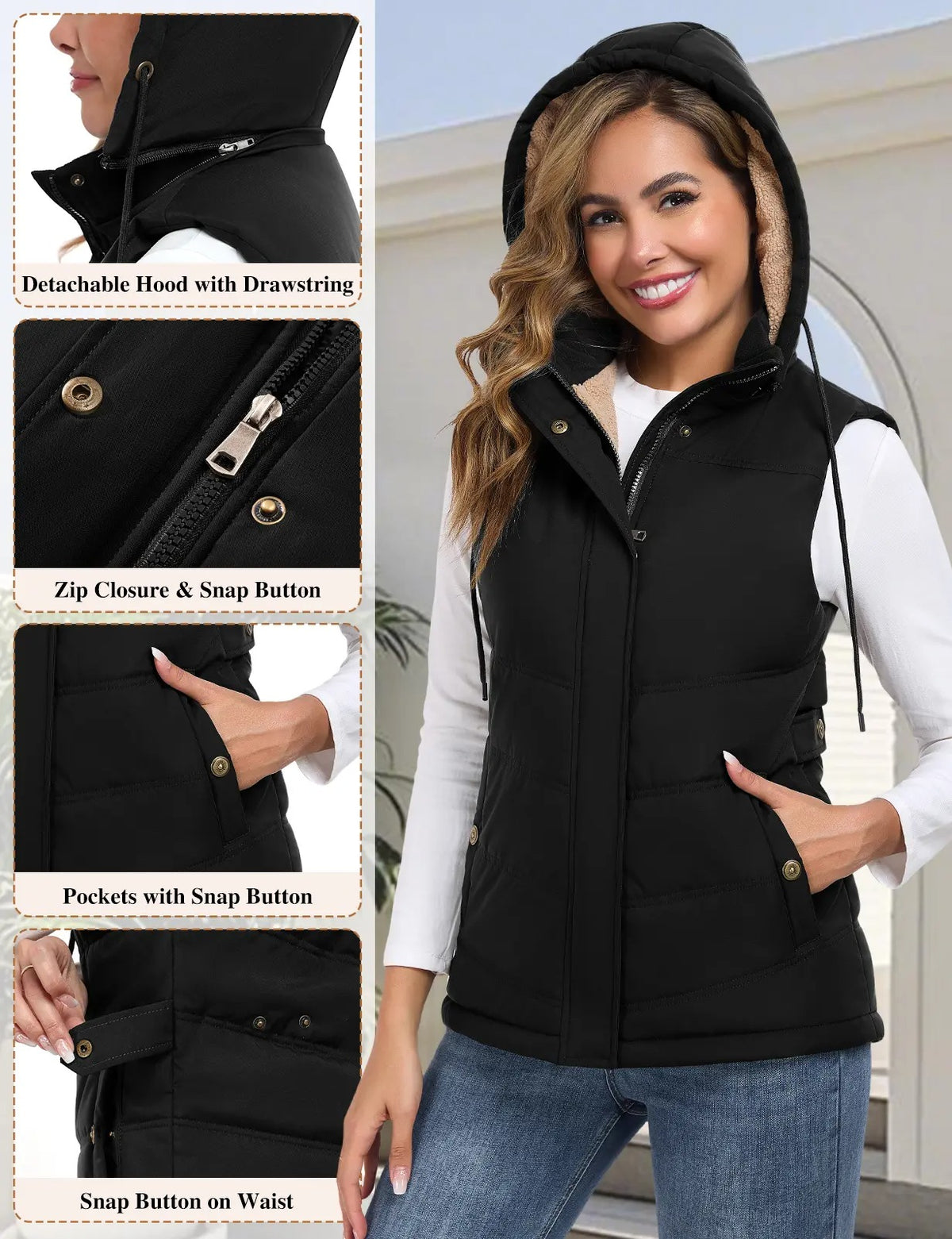 Women's Sherpa Fleece Lined Puffer Vest, Removable Hood Sleeveless Quilted Gilet, Lightweight Insulated Casual Winter Outerwear