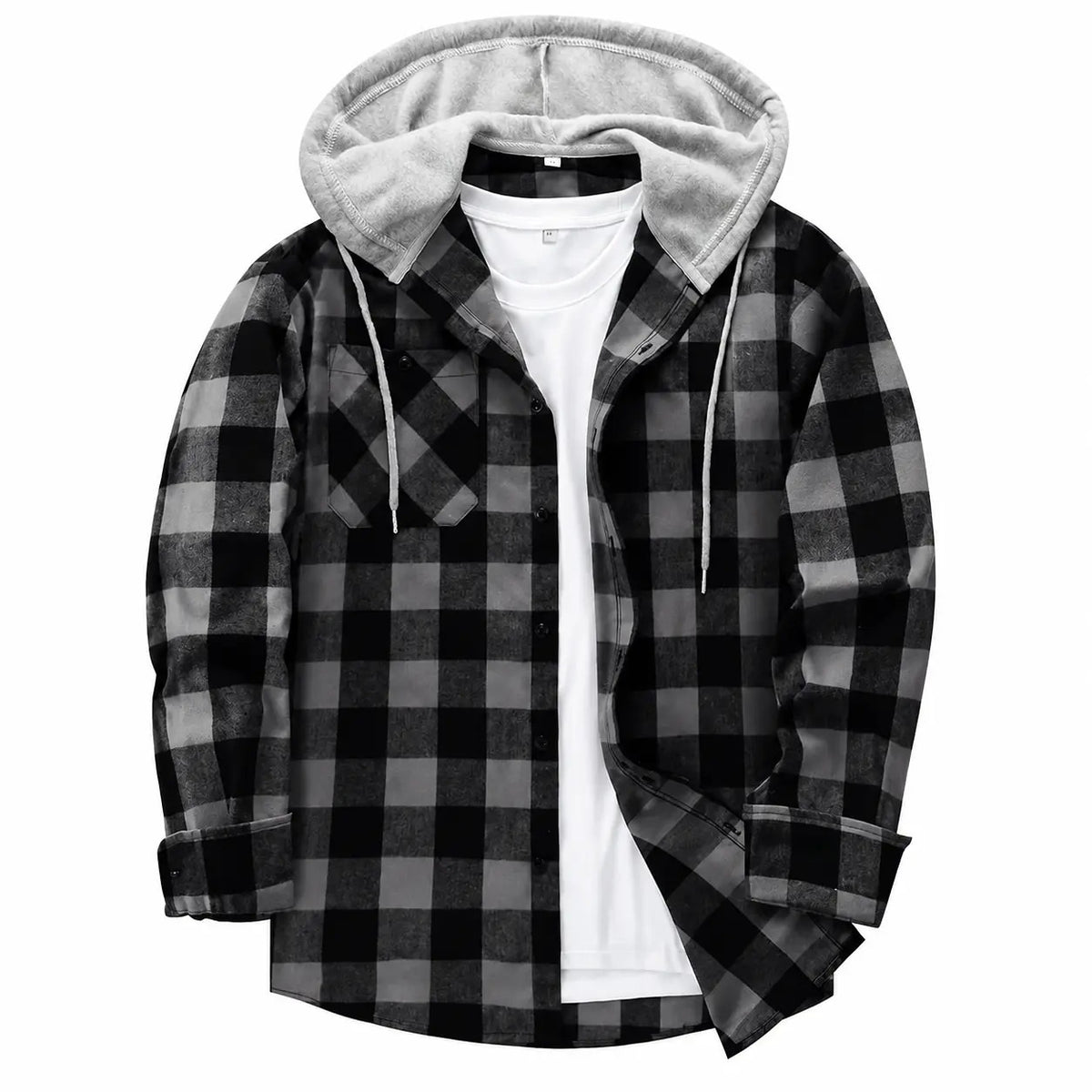 Men's Plaid Hooded Shirt Jacket, Long Sleeve Front Buckle Ankle Drawstring Casual Coat with Pockets
