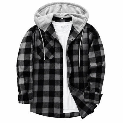 Men's Plaid Hooded Shirt Jacket, Long Sleeve Front Buckle Ankle Drawstring Casual Coat with Pockets