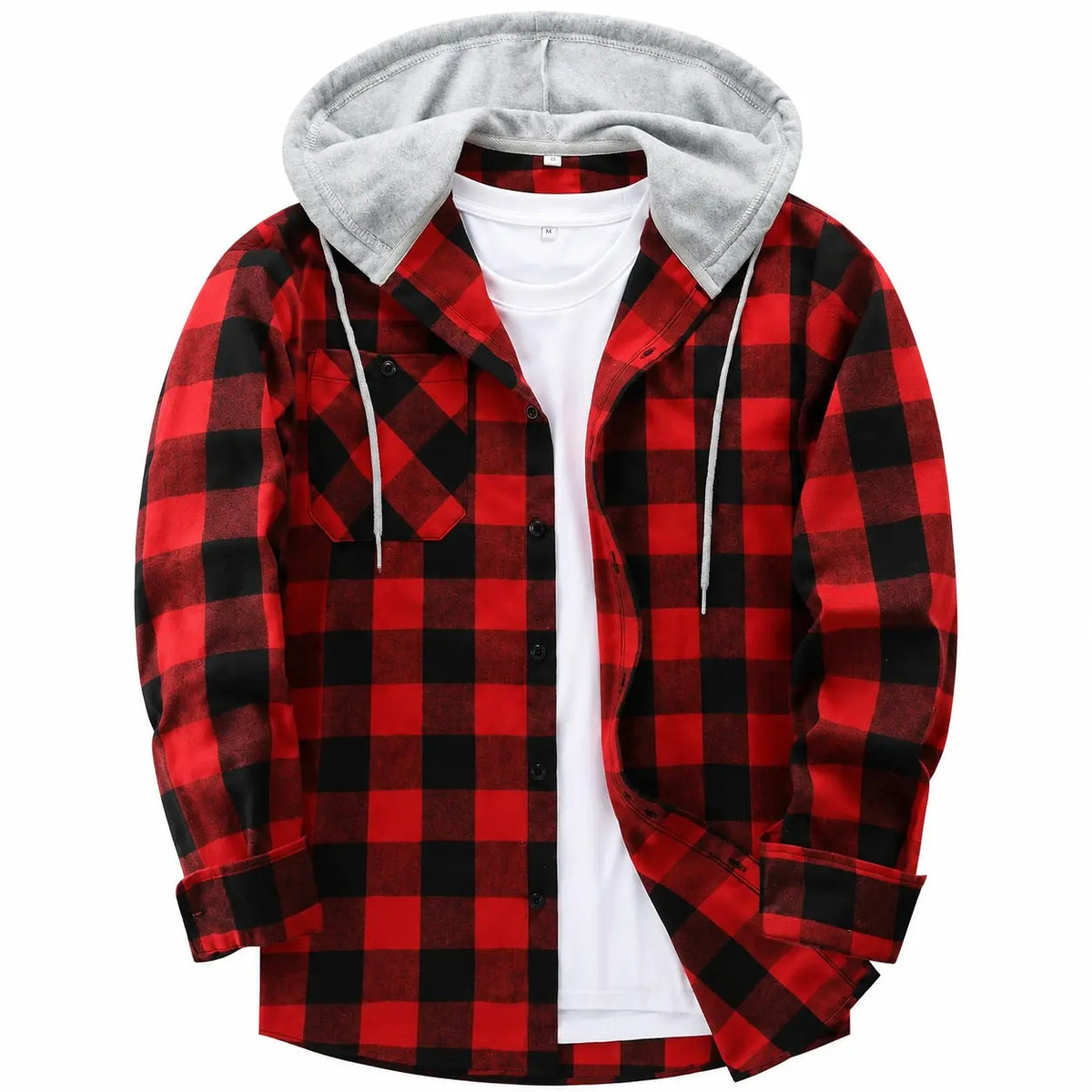 Men's Plaid Hooded Shirt Jacket, Long Sleeve Front Buckle Ankle Drawstring Casual Coat with Pockets