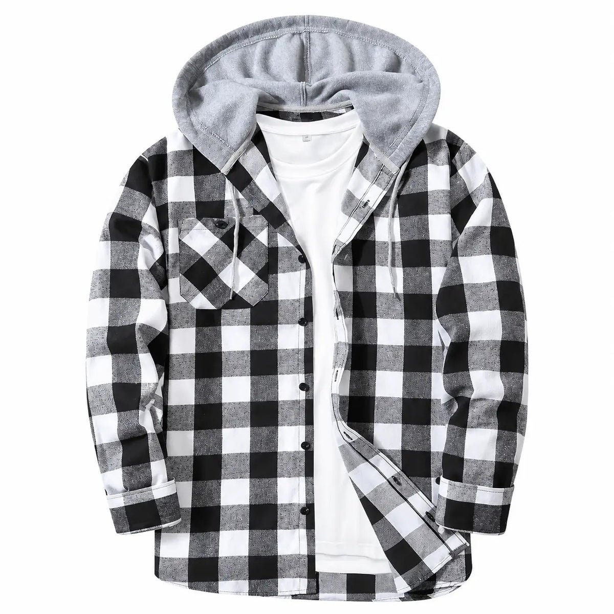 Men's Plaid Hooded Shirt Jacket, Long Sleeve Front Buckle Ankle Drawstring Casual Coat with Pockets