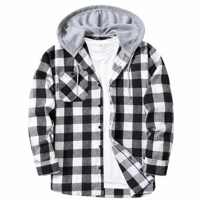 Men's Plaid Hooded Shirt Jacket, Long Sleeve Front Buckle Ankle Drawstring Casual Coat with Pockets