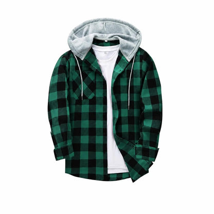Men's Plaid Hooded Shirt Jacket, Long Sleeve Front Buckle Ankle Drawstring Casual Coat with Pockets