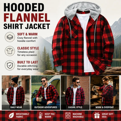 Men's Plaid Hooded Shirt Jacket, Long Sleeve Front Buckle Ankle Drawstring Casual Coat with Pockets