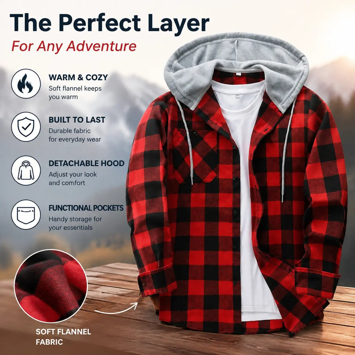 Men's Plaid Hooded Shirt Jacket, Long Sleeve Front Buckle Ankle Drawstring Casual Coat with Pockets